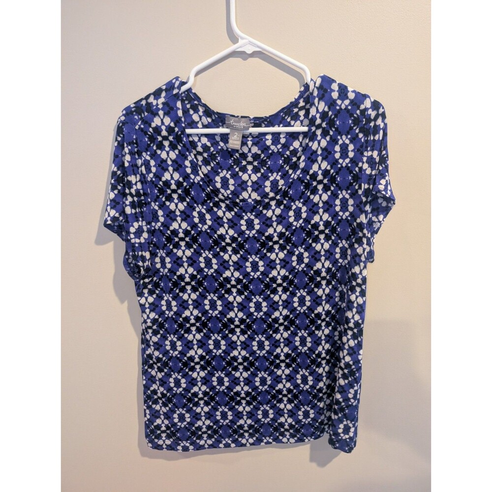 CHICO'S TRAVELERS Sz 2 Slinky Blue white Stretch Shirt Top Beach Vacation Summer